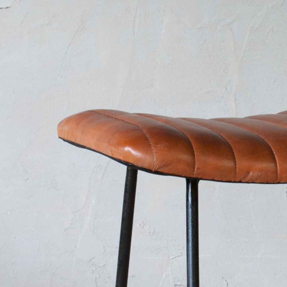 Narwana Ribbed Leather Stool, H75cm, Aged Leather and Iron-1