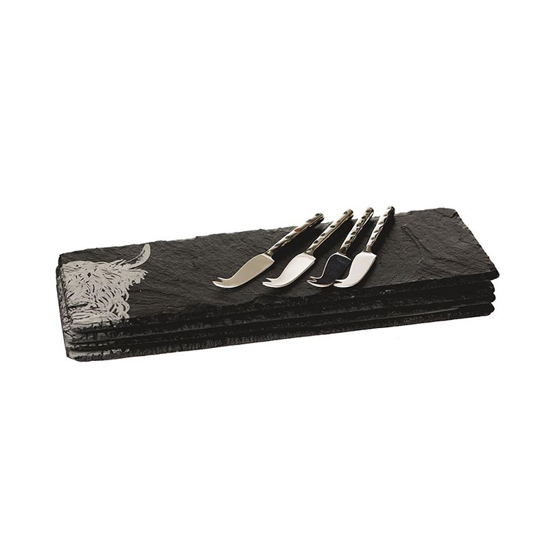 Country Animals Set of 4 Mini Slate Cheese Boards & Knives, Black-2