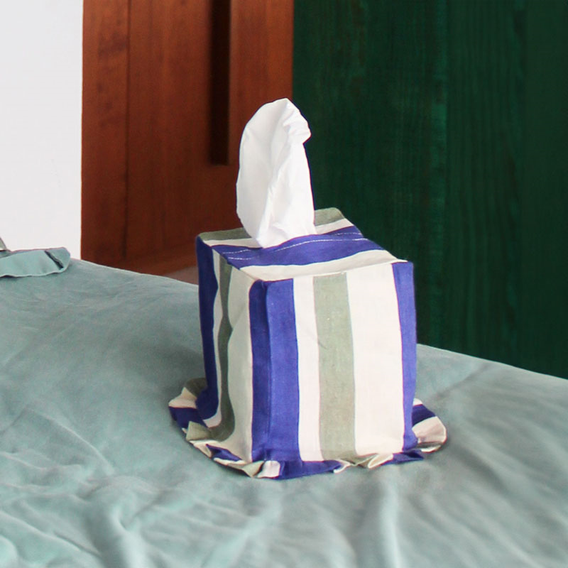 Stripe Tissue Box Cover, L12 x W12 x H13.5cm, Cobalt & Sea Green-2