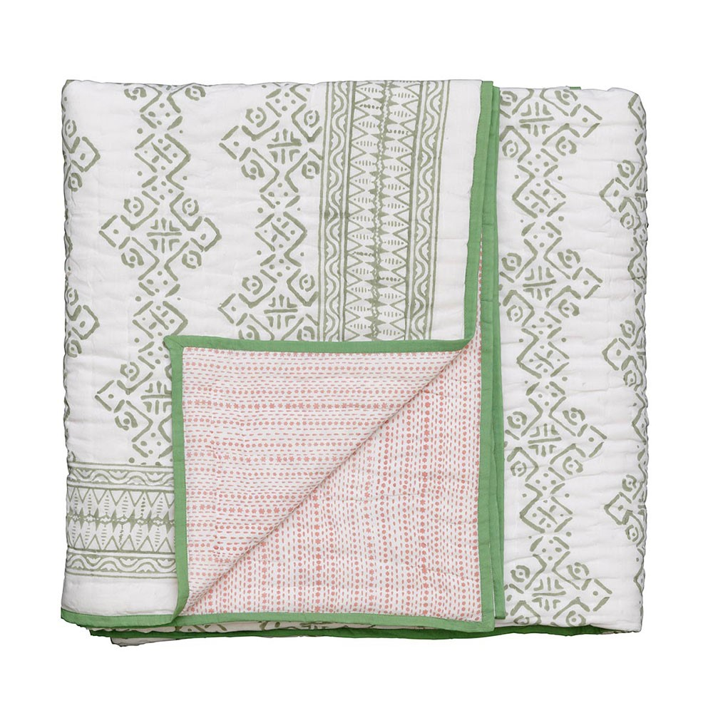 Mali Star Double Quilt, 225 x 225cm, Green/Pink-1