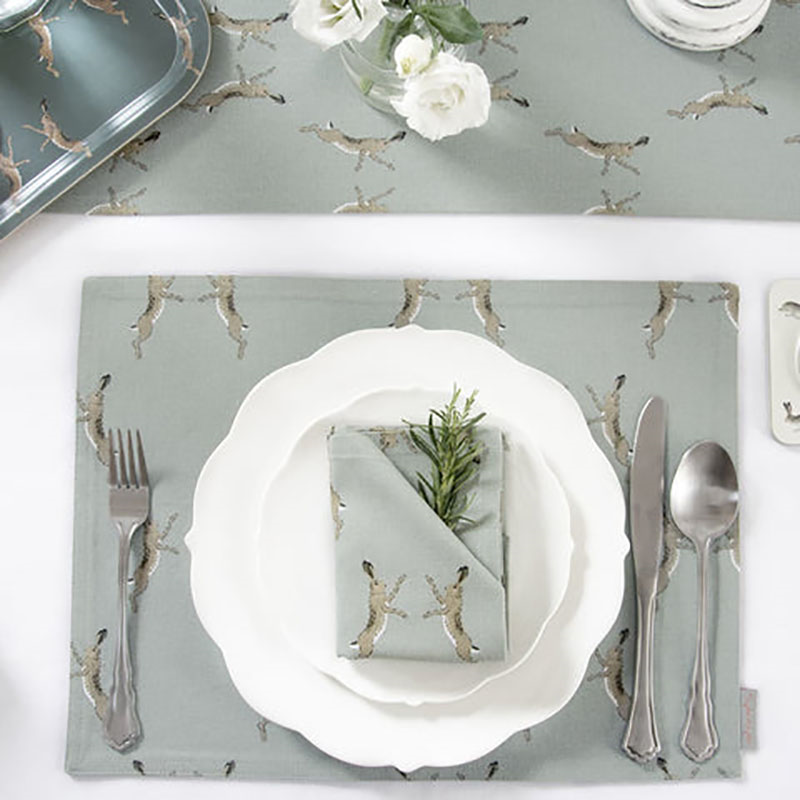 Boxing Hares Fabric Placemat, Duck Egg Grey-1