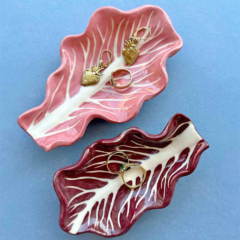 Minnie-Mae Studio Set of 2 Radicchio Leaf Dishes, 16cm x 7cm, Pink & Red-0