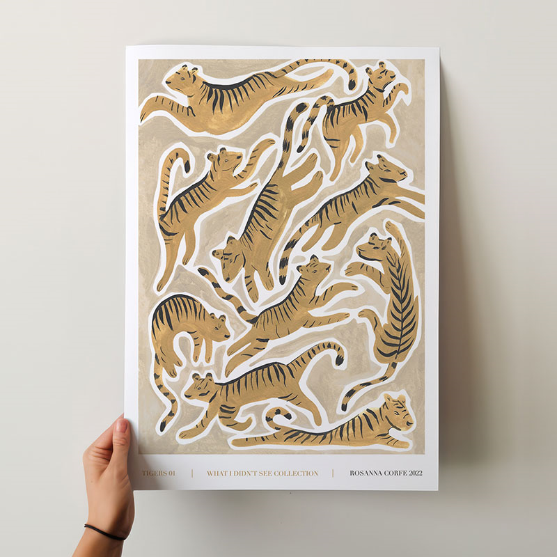 Tigers 01 Recycled Paper Print, A3, Beige-3