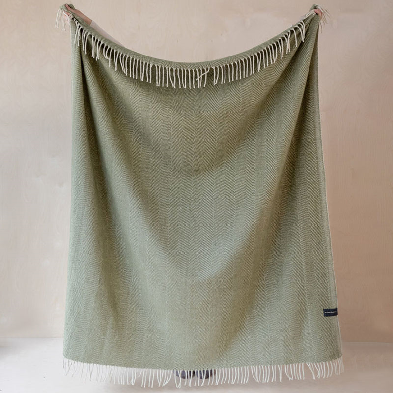 Herringbone Wool Blanket, 145 x 190cm, Olive Herringbone-0