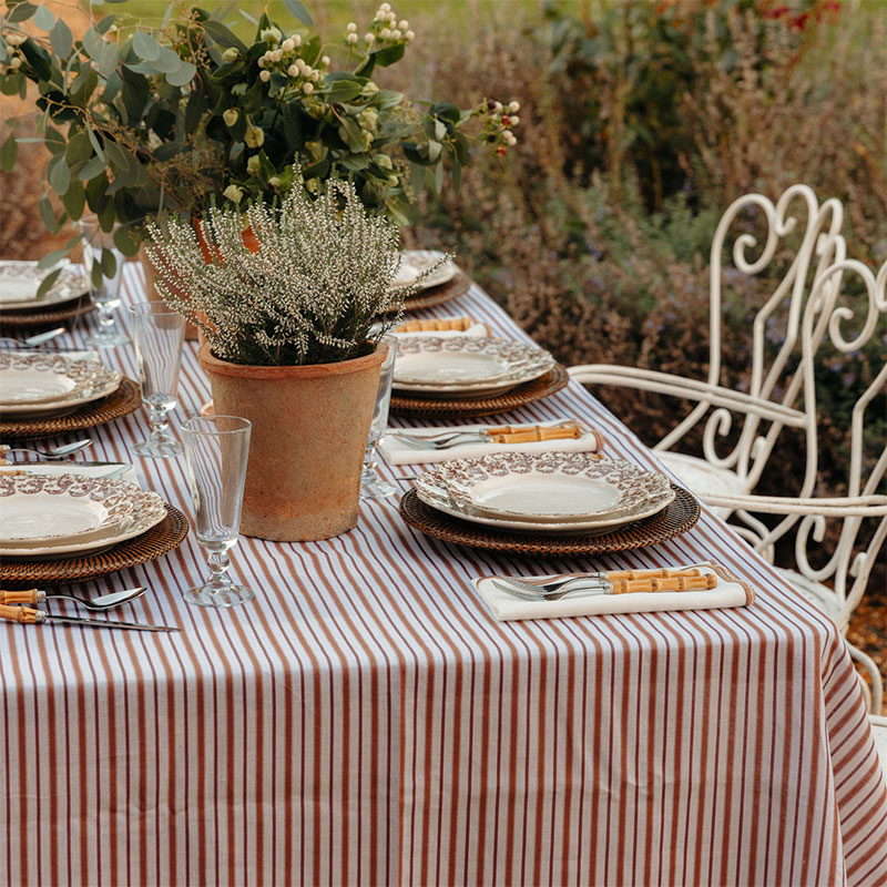 Victoria Striped Linen Tablecloth, 160 x 260cm, Dusty Rosewood-4