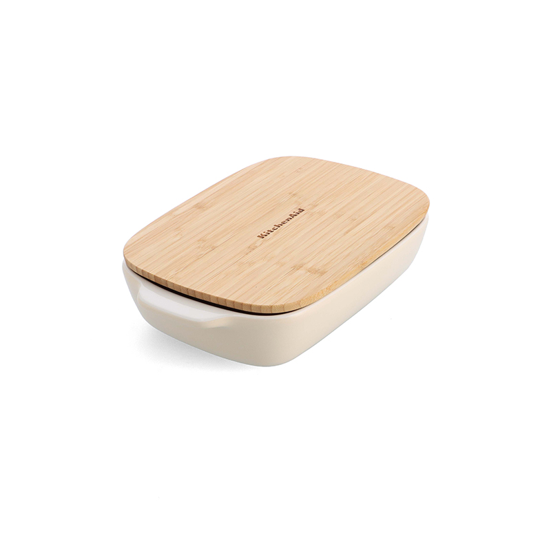 Stoneware Dish with Bamboo Lid, 26cm, Almond Cream-8