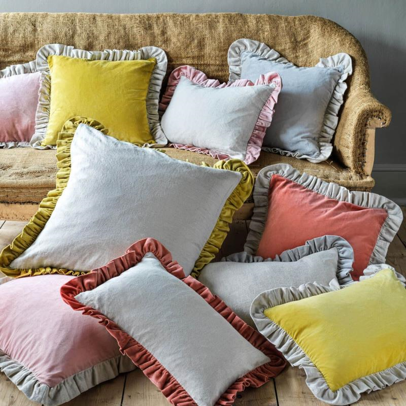 Velvet & Linen Frilled Cushion, 60 x 60cm, Mustard-2