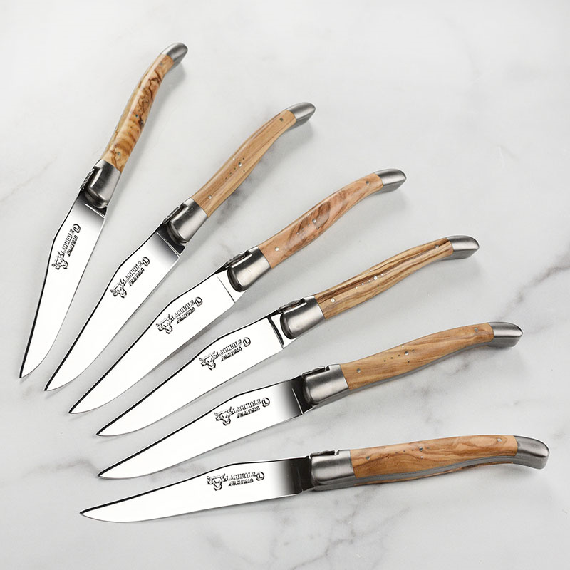 Set of 6 Laguiole Steak Knives, Olive Wood Handles-1