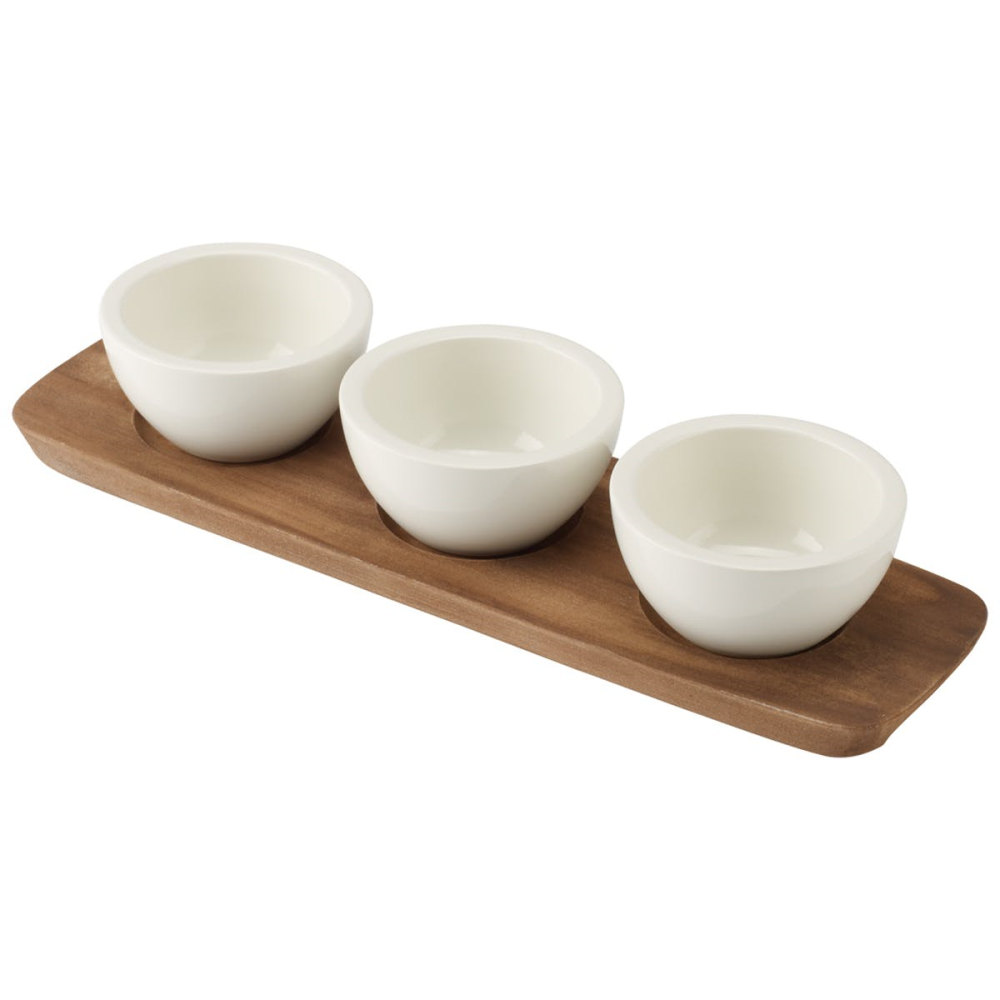 Artesano Set of 3 dip bowls on wooden tray, White-1