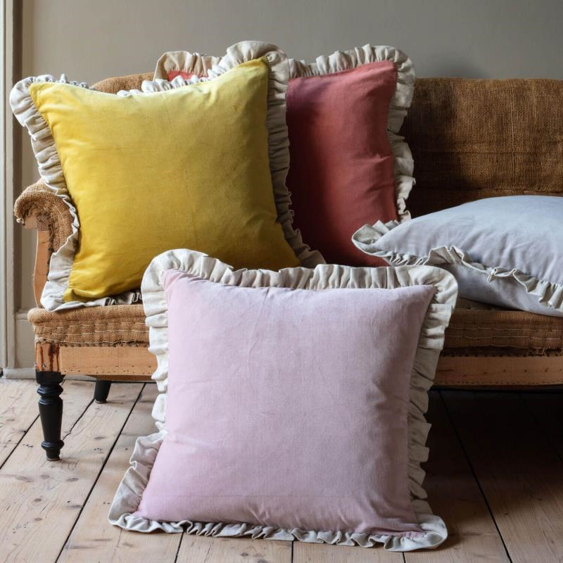 Velvet & Linen Frilled Cushion, 60 x 60cm, Mustard-0