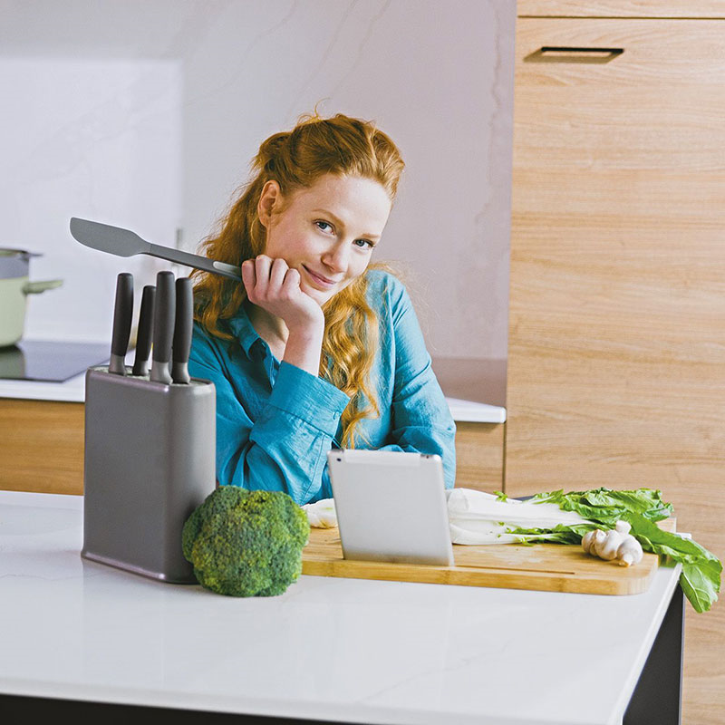 Leo Balance Cutting Board with Tablet Stand, Grey Bamboo-1