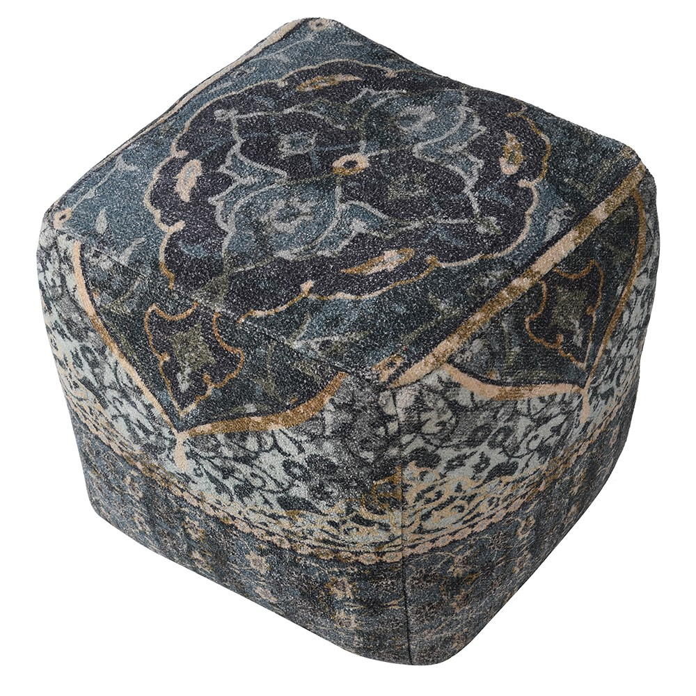 Handlooomed Patterned Pouffe, 50 x 50cm, Blue-1