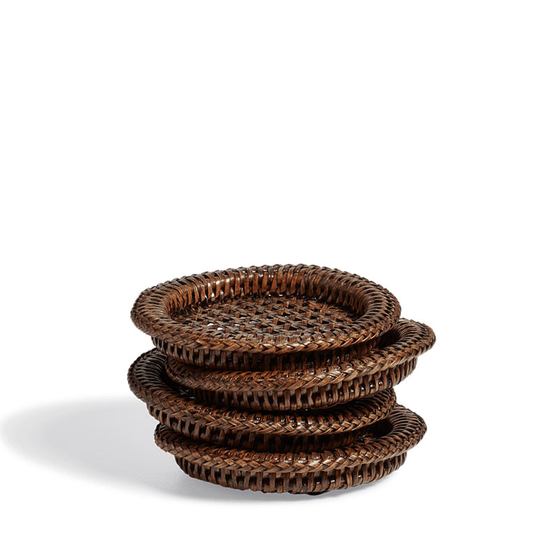 Rattan Set of 4 Coasters, H2cm x Diameter 13cm, Antique Brown-0