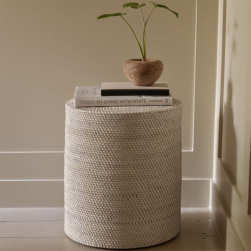 Malton Whitewashed Rattan Stool, H42cm, White-2