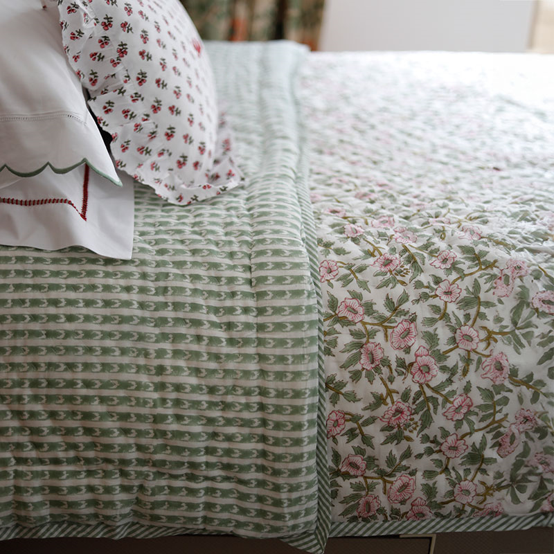 Floral Quilt, Double, Green & Pink-3