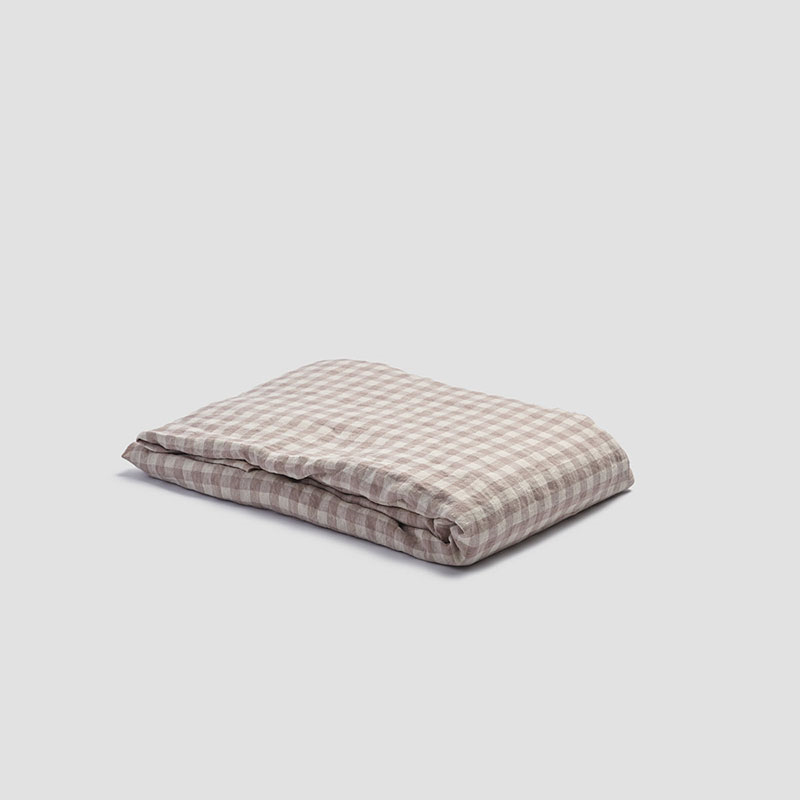 Gingham Linen Fitted Sheet, Double, Mushroom-1