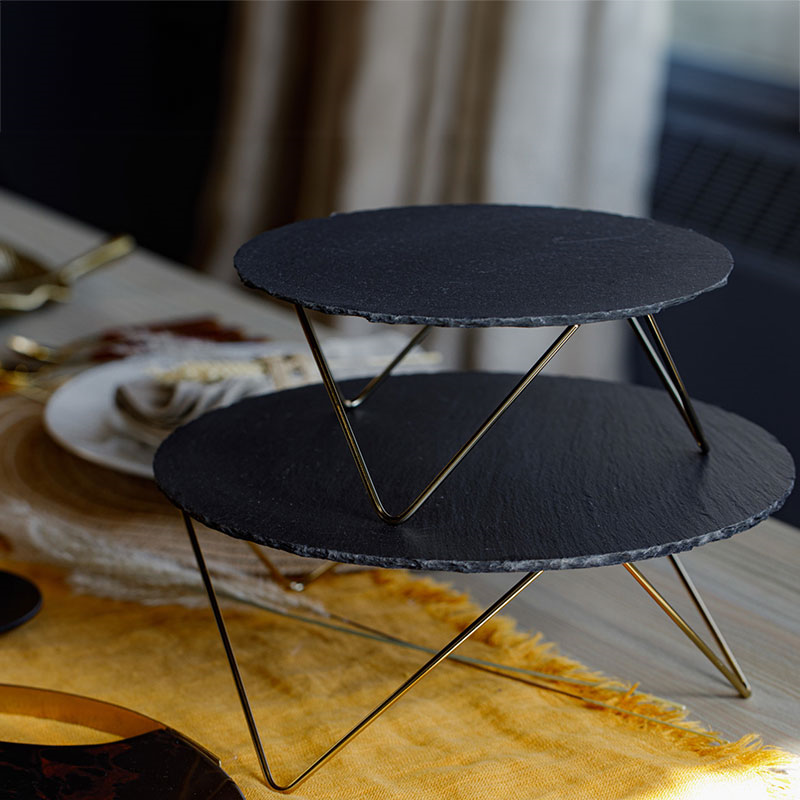 Two Tier  Slate Serving Stand, Black/Gold-0