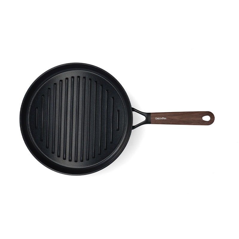 Eco-Smartshape Round Non Stick Grill Pan with Dark Wood Patterned Handle, 28cm, Black-4