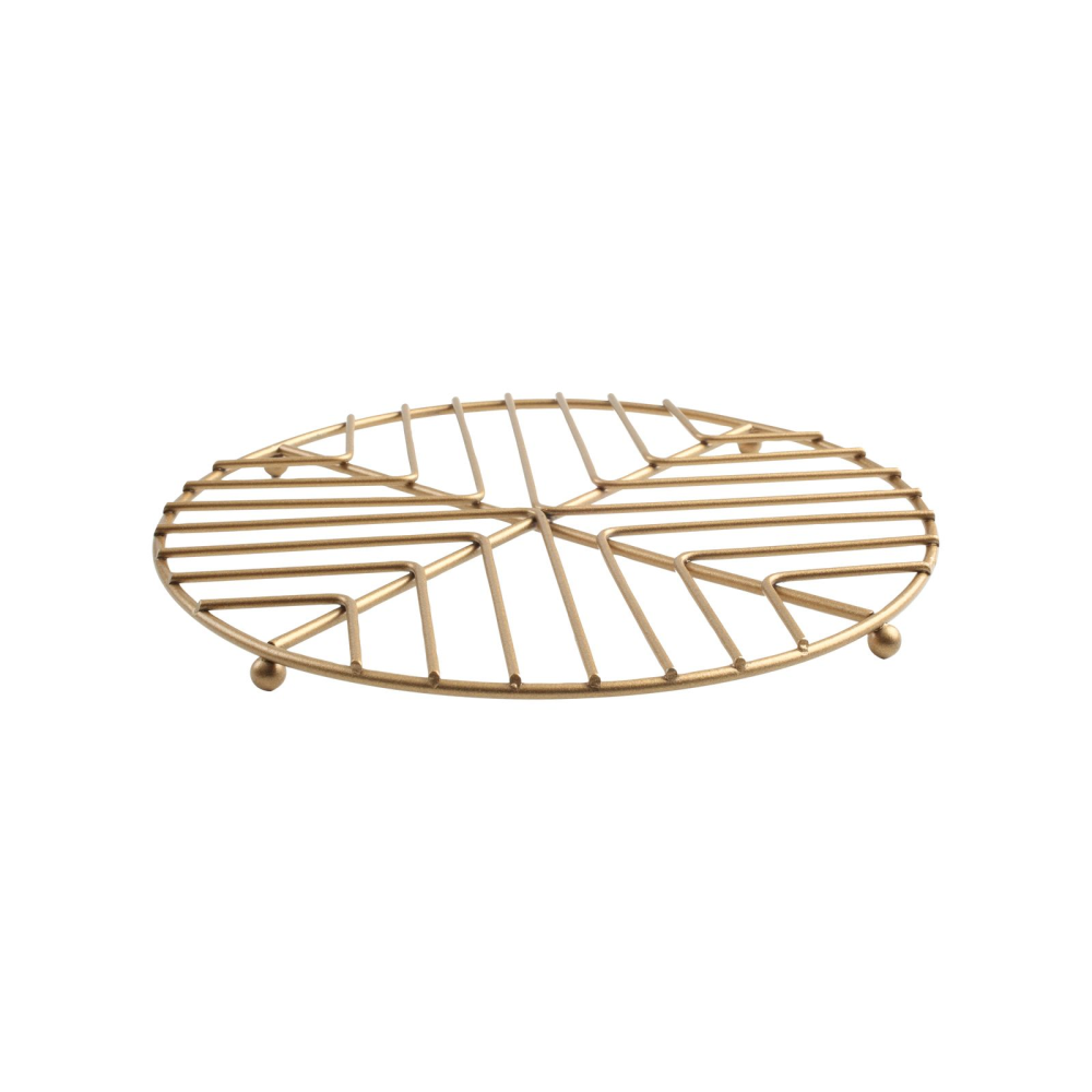 Deco Round Trivet In Satin Gold Wireware, Acacia-1