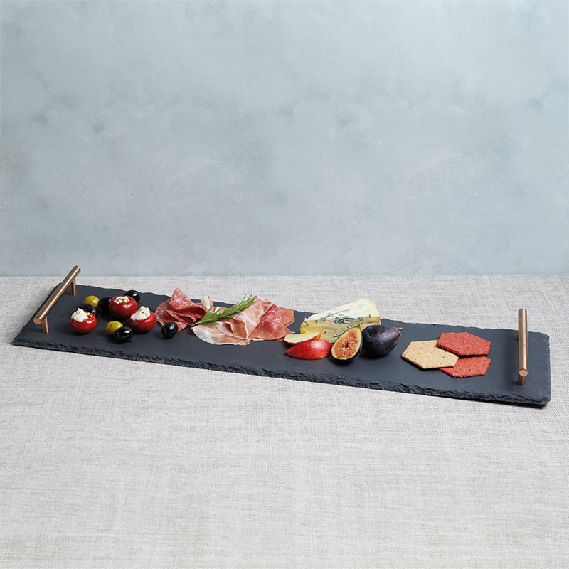 Serving platter with handles, L60 x W15 x H4cm, slate/copper-0