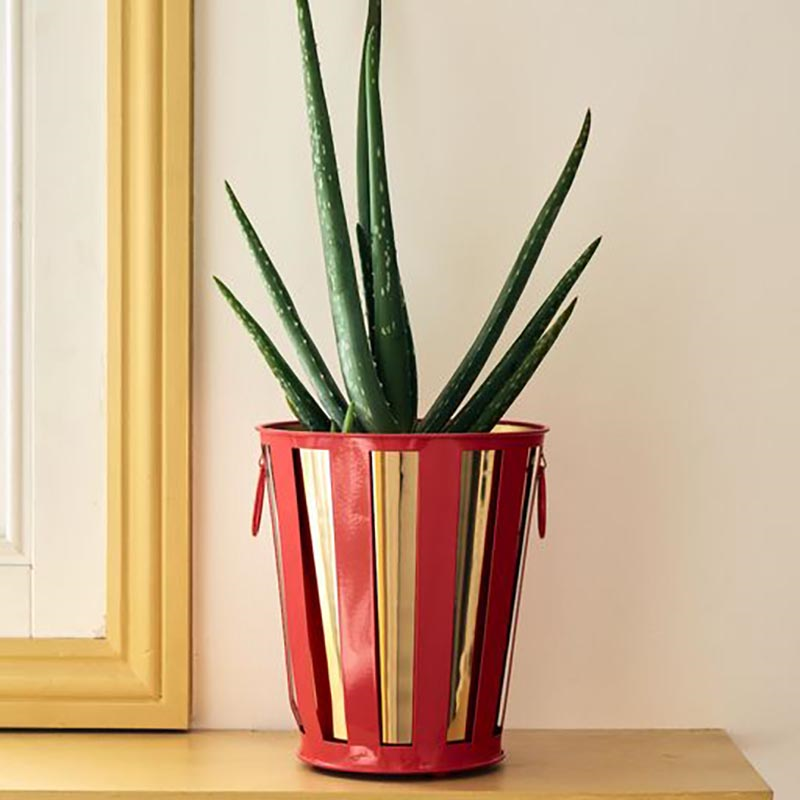 Striped Planter, H21cm, Coral Red-0