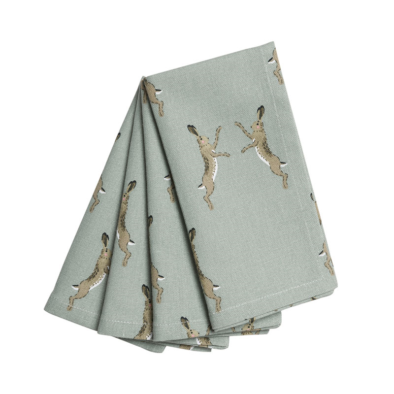 Boxing Hares Set of 4 Napkins, Duck Egg Grey-4