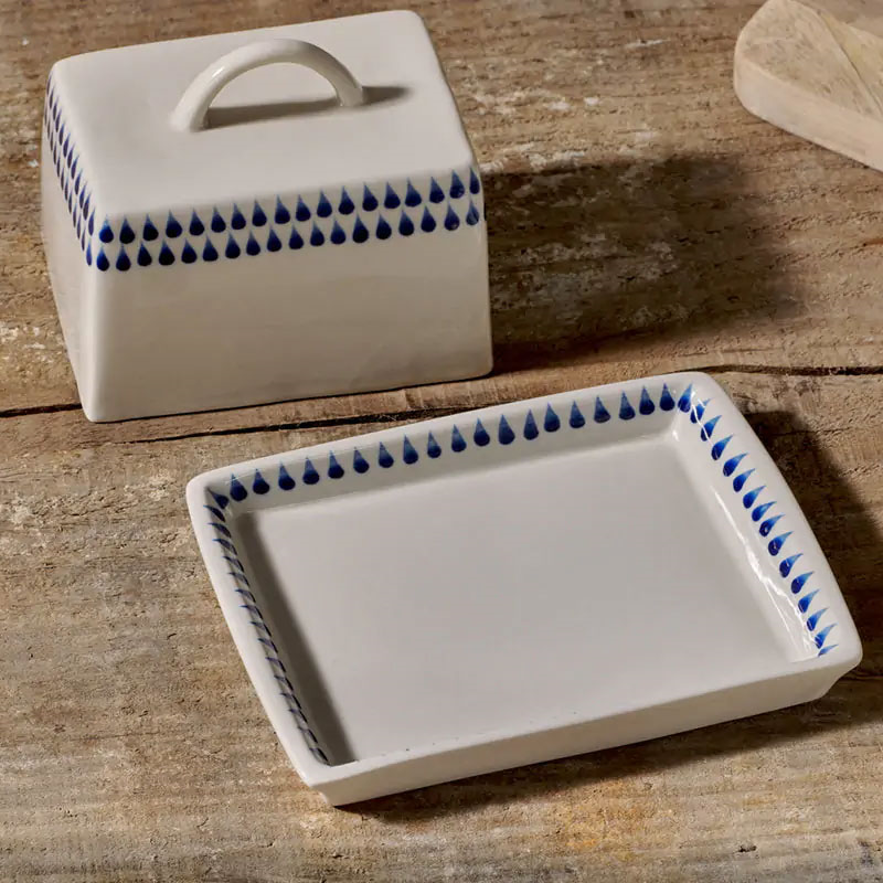 Indigo Drop Butter Dish, Cream & Blue-5