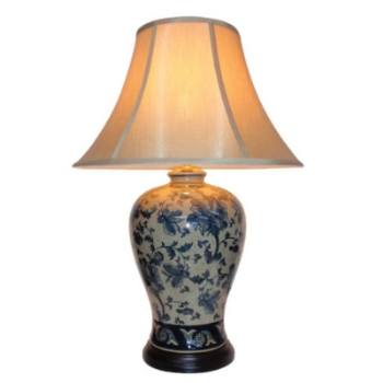 Porcelain Lamp & Shade, Blue & White Floral, 66cm, Set of 2-0