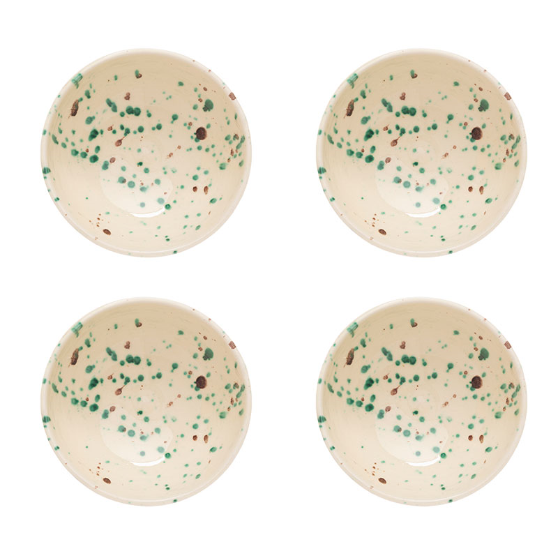 Manchada Set of 4 Speckled Bowls, D15cm, White & Green-3