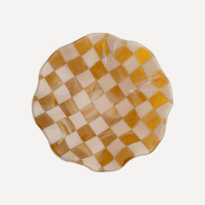 David Perry Bullseye Checkered Wavy Bowl, 25x25x6cm, Almond & Amber-0