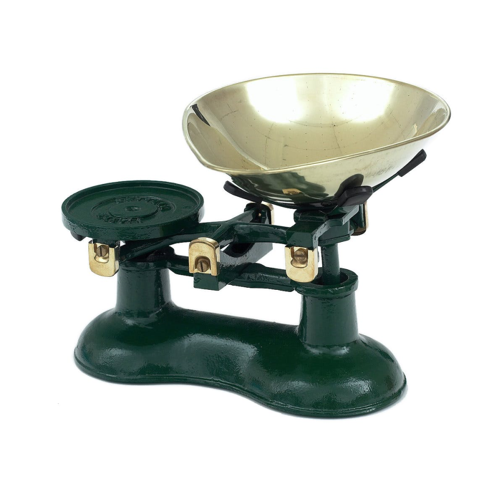 Kitchen scale & pear shaped brass pan, Green-0