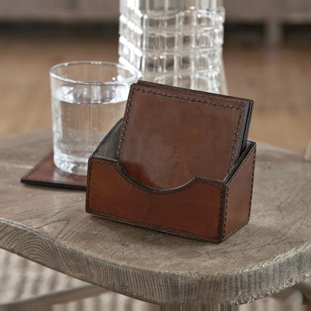 Leather Set of 6 Square Coasters, Conker Brown-0