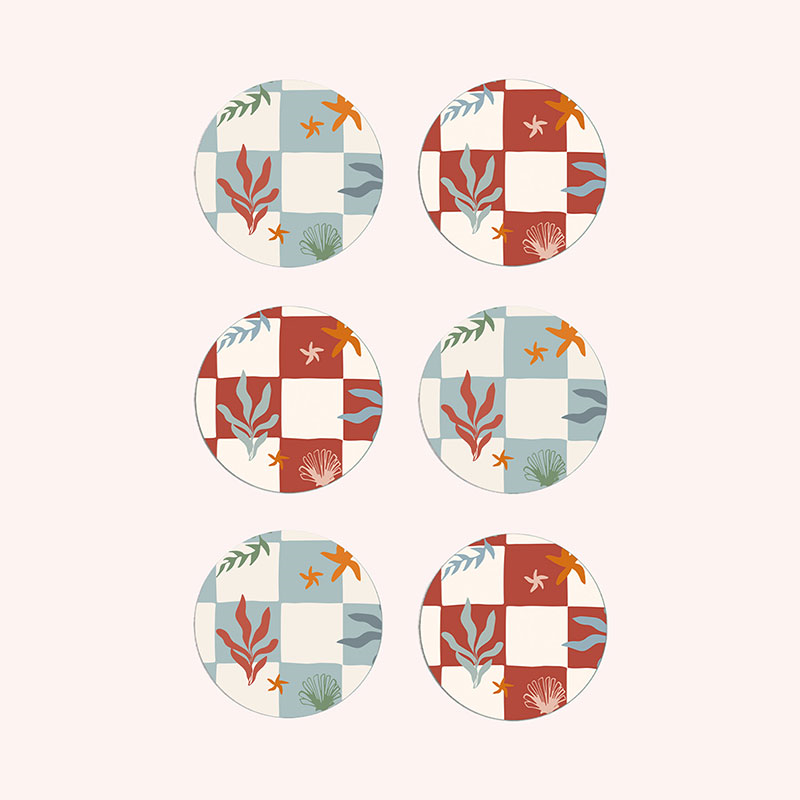 Nautical Checks Set of 6 Coasters, D10cm, Red & Blue-0