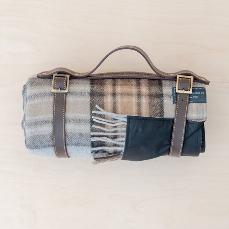 Recycled Wool Picnic Blanket with Brown Leather Carrier, 140 x 190cm, Mackellar Tartan-0