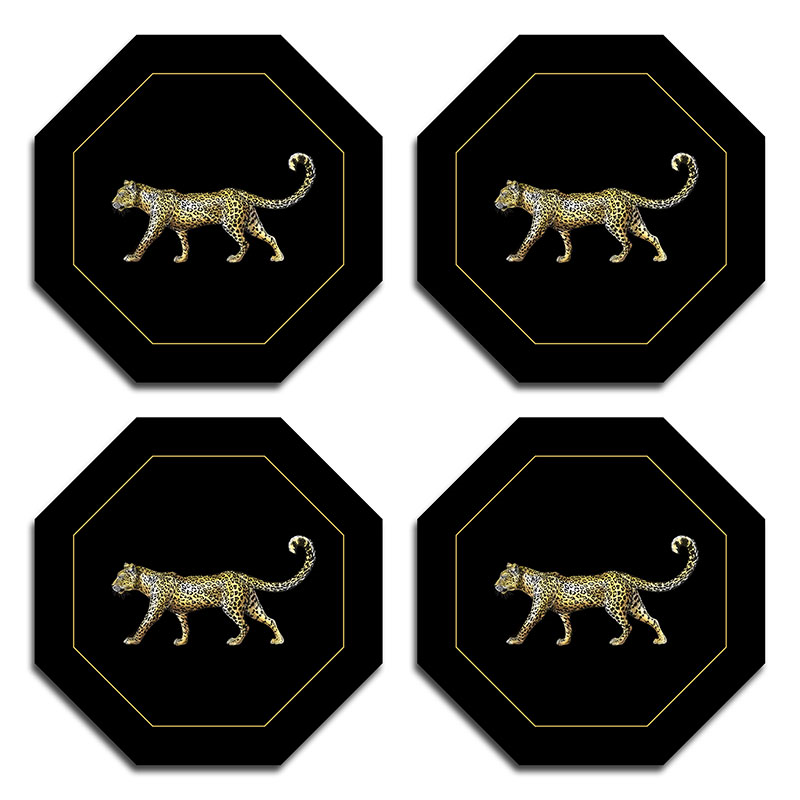 Leopard Set of 4 Coasters, D10cm, Glossy Black-0