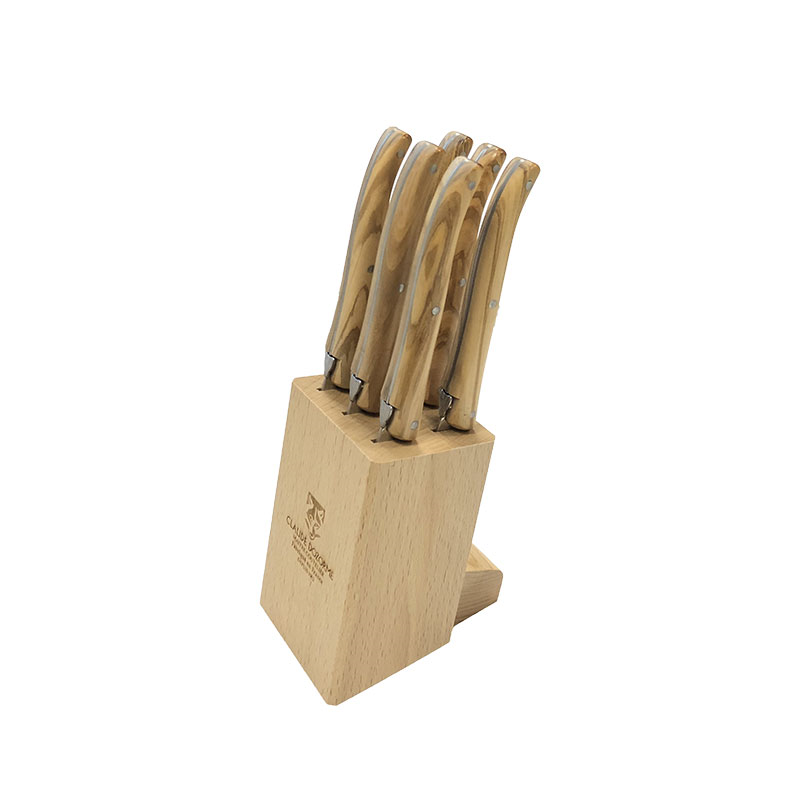 Laguiole Set of 6 Steak Knives in Wooden Block, Olivewood-0