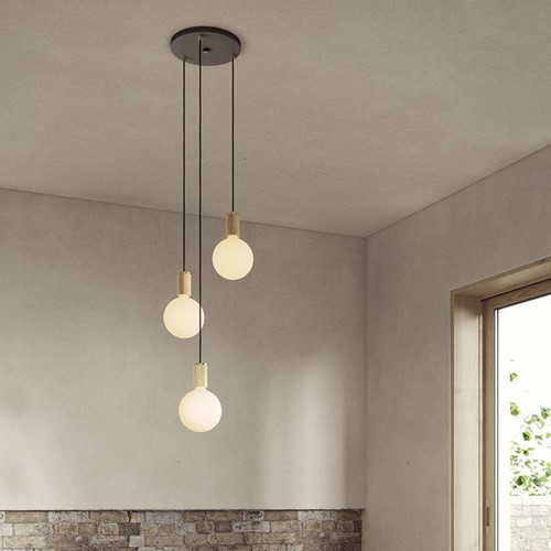 Canopy & Sphere Bulb Triple ceiling plate & pendant set, H400 x W25cm, Black & Oak-0