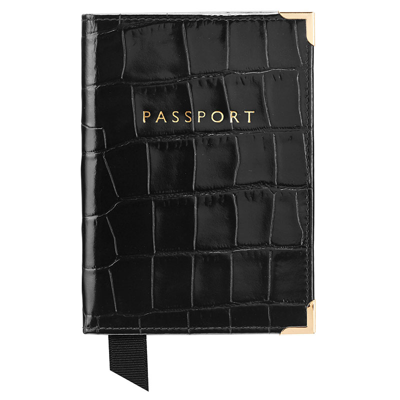 PlainPassport Cover, L14 x W9.5cm, Black Croc-0