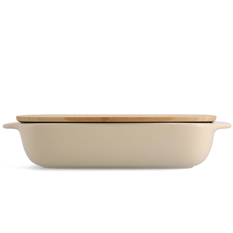 Stoneware Dish with Bamboo Lid, 32cm, Almond Cream-0